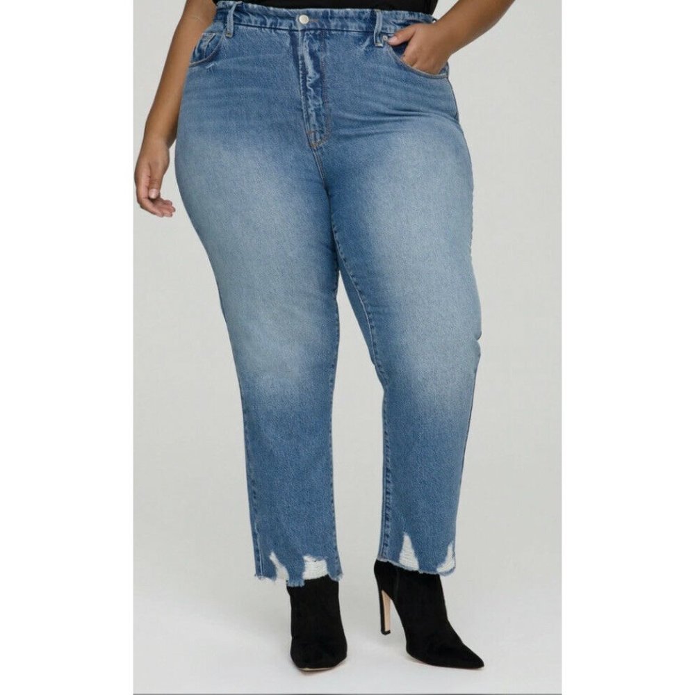 GOOD AMERICAN Curve Jagged Distressed Hem Light Blue  Plus Size 22 $169
